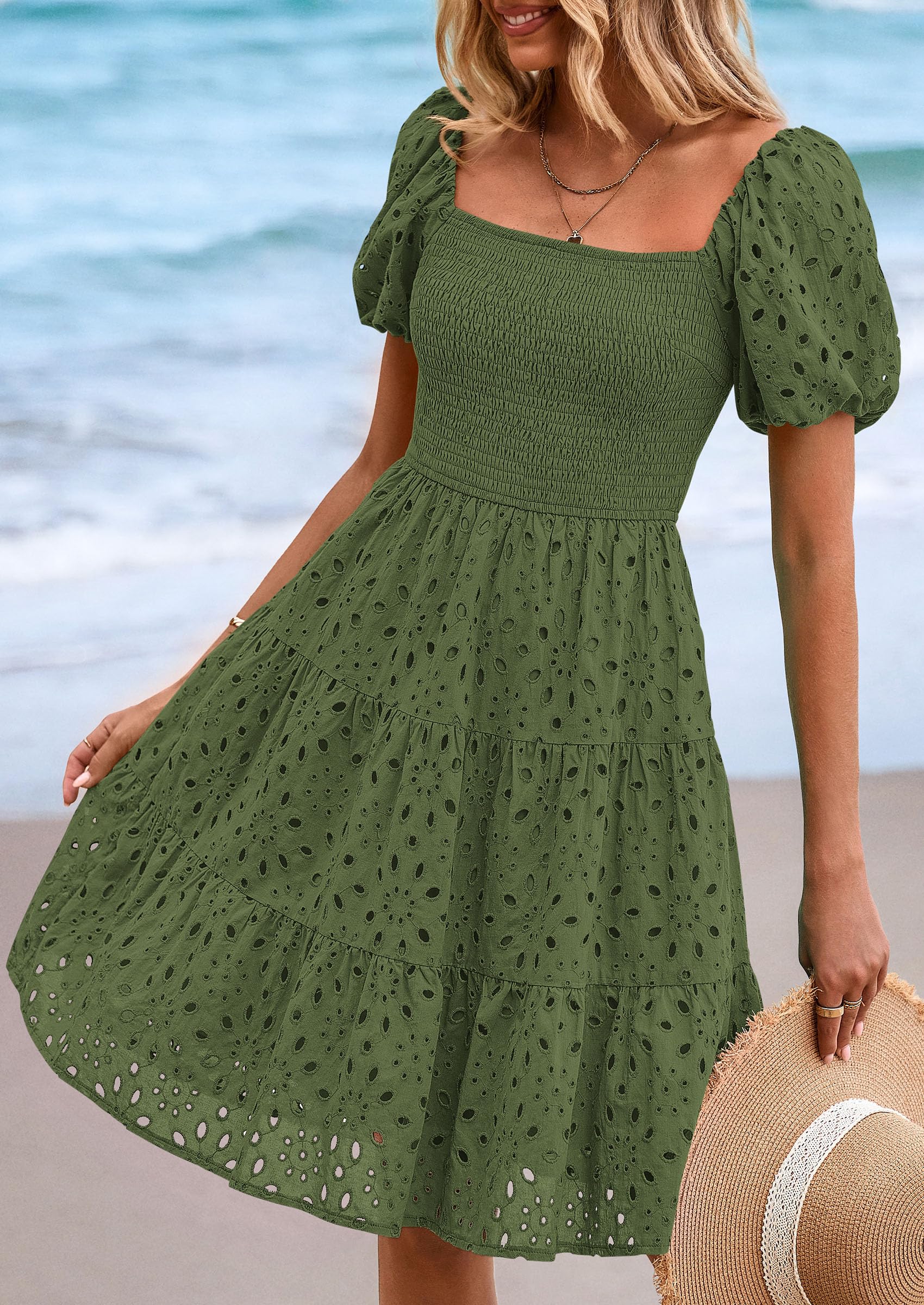 PRETTYGARDEN Womens Summer Puff Sleeve Mini Dress Off Shoulder Eyelet Smocked A Line Casual Babydoll Short Dresses