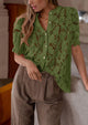 Lace Puff Sleeve Casual Dressy Eyelet Crew Neck Button Down Blouses