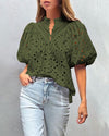 PRETTYGARDEN Women's Summer Short Sleeve Tops 2025 Dressy Casual Buttons V Neck Hollow Out Lace Embroidered Blouses Shirts