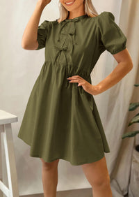 Casual Short Sleeve A Line Bow Tie Front Babydoll Loose Mini Dresses with Pockets