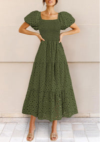 Eyelet Square Neck Puff Sleeve Smocked Maxi Dress with Pockets