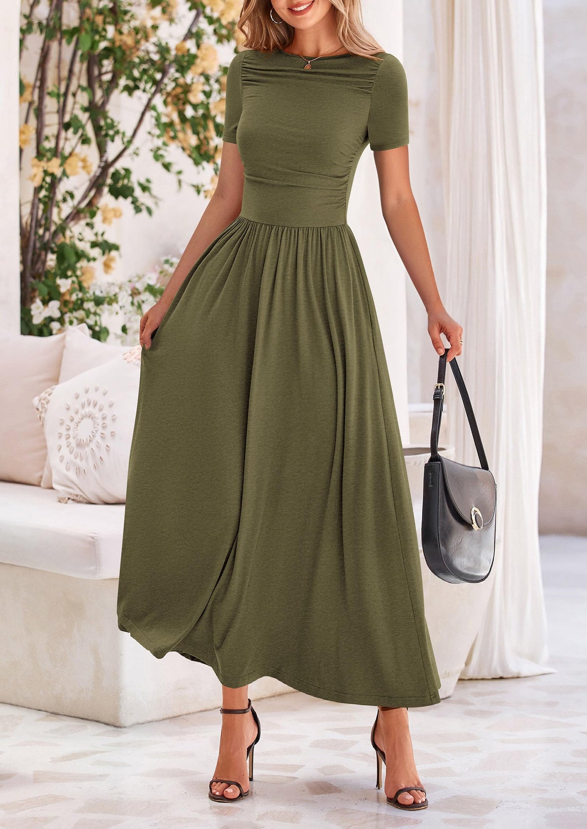 Casual Short Sleeve Ruched Patchwork A Line Pleated Swing Maxi Dresses with Pockets