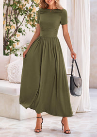 Casual Short Sleeve Ruched Patchwork A Line Pleated Swing Maxi Dresses with Pockets
