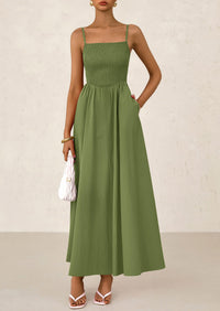 Smocked Beach Casual Spaghetti Strap Swing A Line Flowy Maxi Dresses