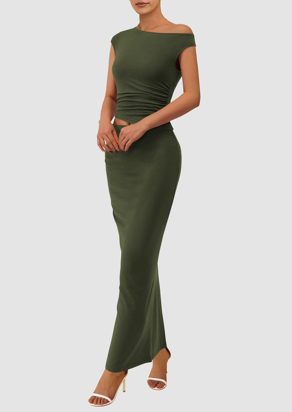 One Shoulder Sleeveless Ruched Slit Bodycon Two Piece Skirt Set