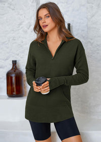PRETTYGARDEN Womens Long Sleeve Quarter Zip Pullover Sweater Casual Loose V Neck Collared Ribbed Knit Jumper Tops Thumb Hole