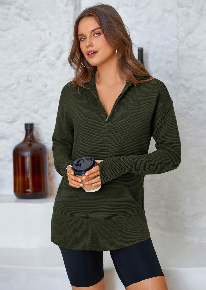 PRETTYGARDEN Womens Long Sleeve Quarter Zip Pullover Sweater Casual Loose V Neck Collared Ribbed Knit Jumper Tops Thumb Hole