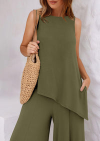 Asymmetrical Split Tank Tops Wide Leg Pants  Two Piece Sets