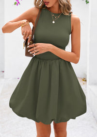 Casual Sleeveless Tank Mini Short Dress Crew Neck Bubble Dress with Pockets