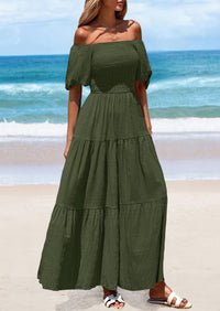 Puff Short Sleeve Square Neck Smocked Tiered Ruffle A Line Flowy Beach Maxi Dresses