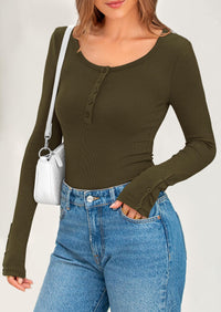 Long Sleeve Henley Ribbed Knit Button Up Slim Fitted Basic Casual T-shirts