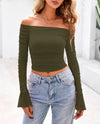 PRETTYGARDEN Off The Shoulder Tops for Women Trendy Ruched Mesh Slim Fit Long Sleeve Shirts Y2K Going Out Summer Outfits