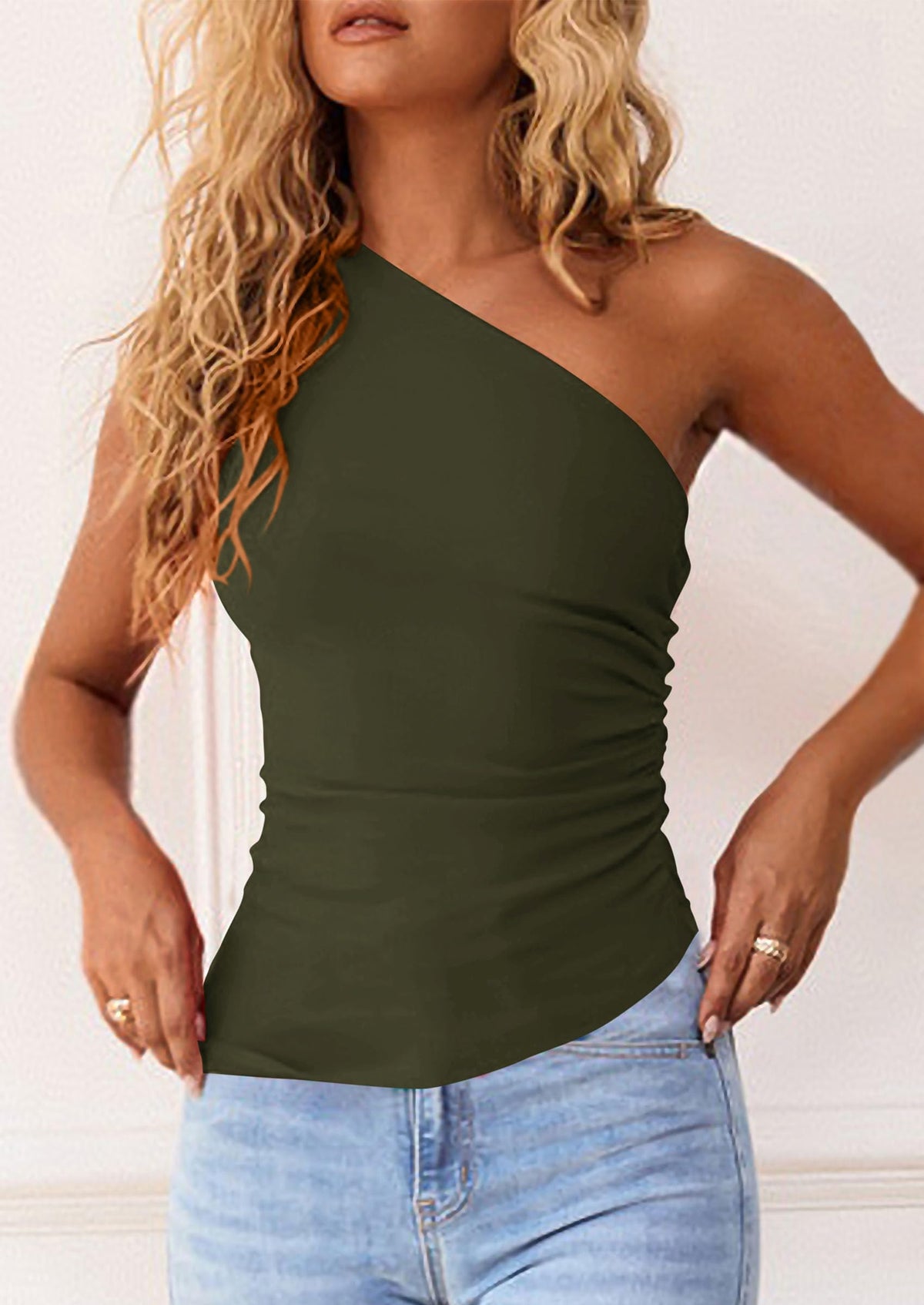 Y2K Sleeveless One Shoulder Slim Fit Ruched Knit Asymmetrical Tank Top