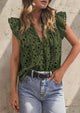 Casual Ruffle Cap Sleeve Button V Neck Embroidered Eyelet Blouses