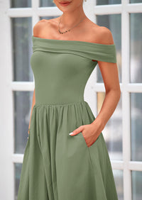 Off Shoulder Sleeveless A Line Midi Dress with Pockets
