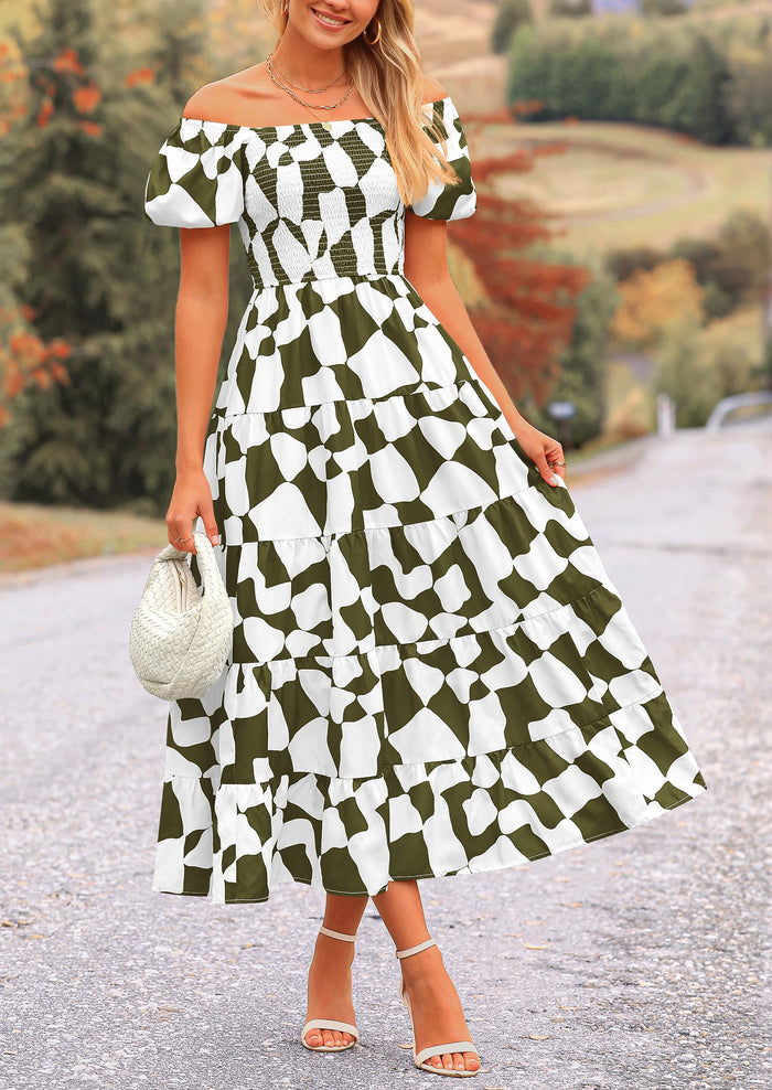 Off Shoulder Puff Sleeve Print Smocked Ruffle Beach Flowy Boho Midi Dress