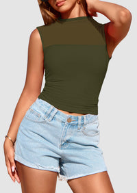 Sheer Mesh Casual Sleeveless Mock Neck Ruched Slim Fitted Tank Tops