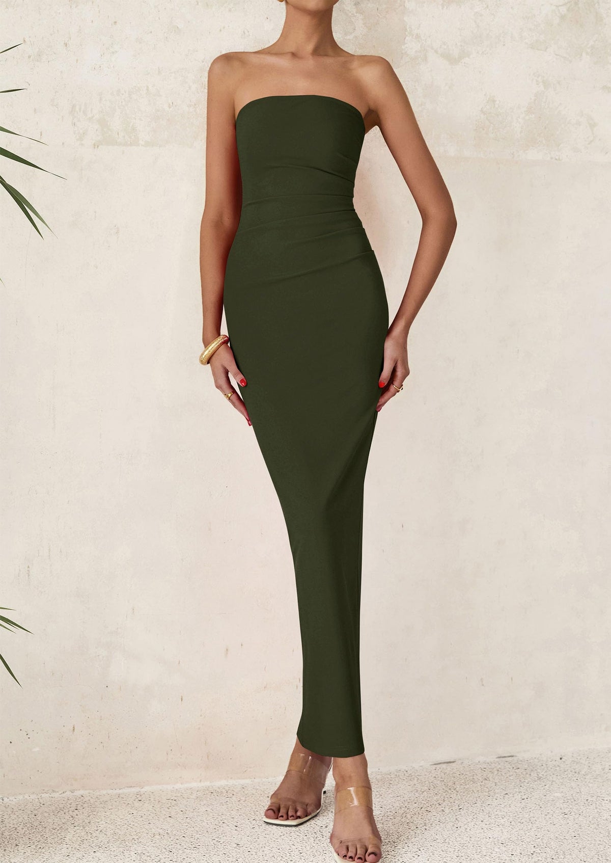Strapless Tube Bodycon Ruched Slit Maxi Dresses