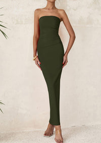 Strapless Tube Bodycon Ruched Slit Maxi Dresses