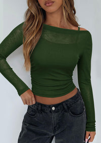 Boat Neck Long Sleeve Sheer Crop Cover Up with Spaghetti Strap Camisole 2 Piece Blouses