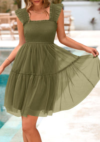 Casual Sleeveless Tulle Ruffle Square Neck Tiered Smocked Wedding Guest Mini Dresses