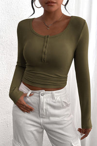 Long Sleeve Henley Button Down Ribbed Knit Slim Fit Casual T-shirts
