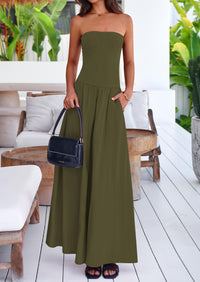 Strapless Patchwork Long Flowy Elegant Tube Top Maxi Dresses with Pockets