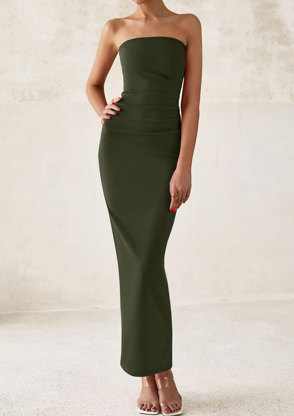 Strapless Tube Bodycon Ruched Slit Maxi Dresses
