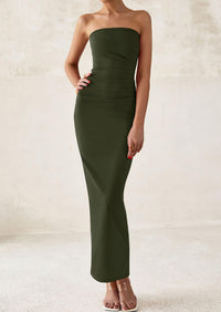 Strapless Tube Bodycon Ruched Slit Maxi Dresses