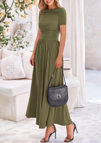 Casual Short Sleeve Ruched Patchwork A Line Pleated Swing Maxi Dresses with Pockets