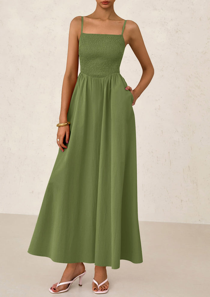 Smocked Beach Casual Spaghetti Strap Swing A Line Flowy Maxi Dresses