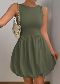 Casual Sleeveless Tank Mini Short Dress Crew Neck Bubble Dress with Pockets
