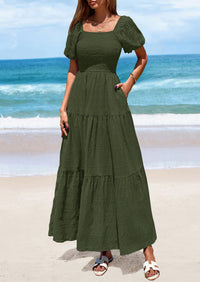Puff Short Sleeve Square Neck Smocked Tiered Ruffle A Line Flowy Beach Maxi Dresses