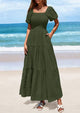 Puff Short Sleeve Square Neck Smocked Tiered Ruffle A Line Flowy Beach Maxi Dresses