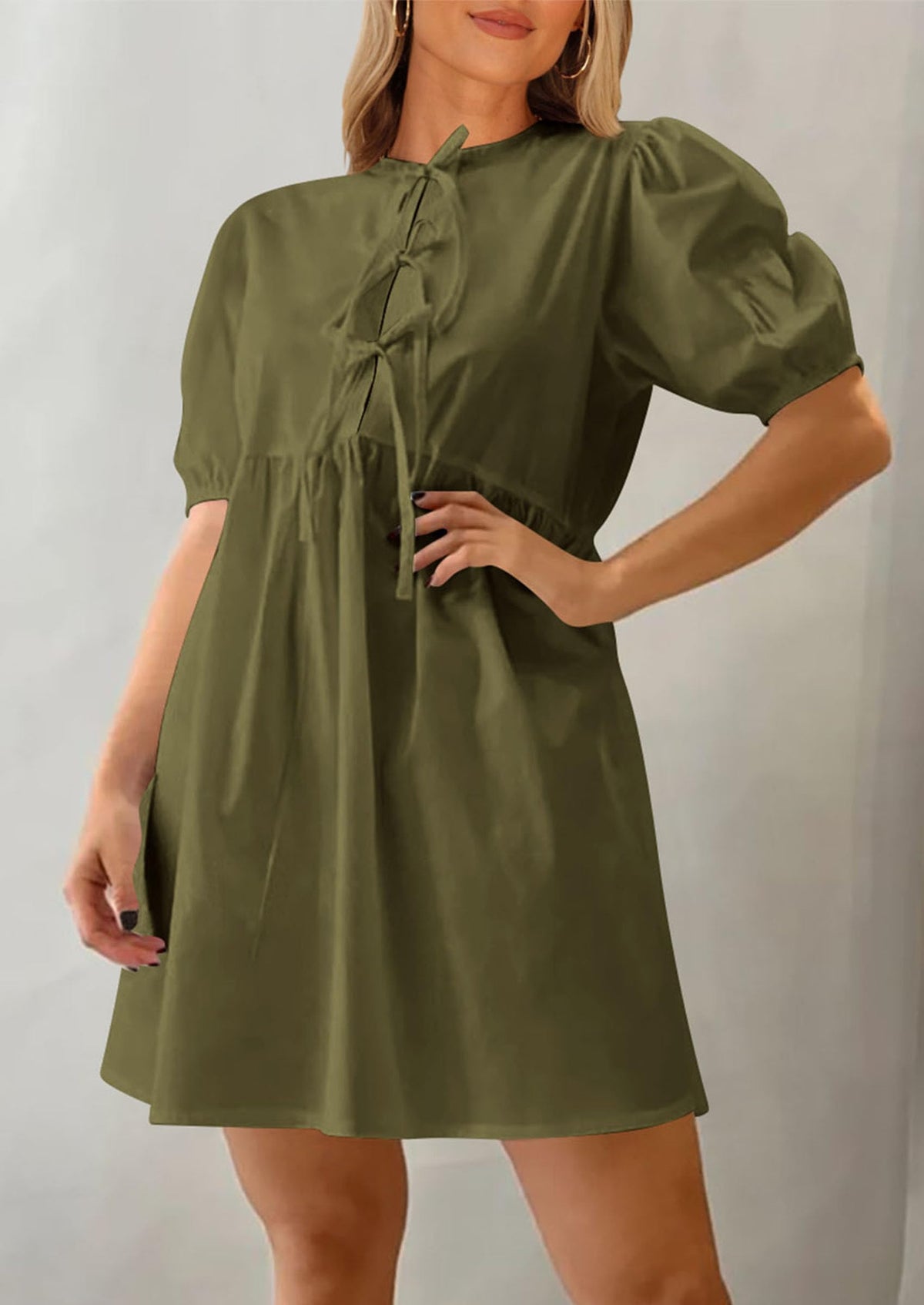 Casual Short Sleeve A Line Bow Tie Front Babydoll Loose Mini Dresses with Pockets