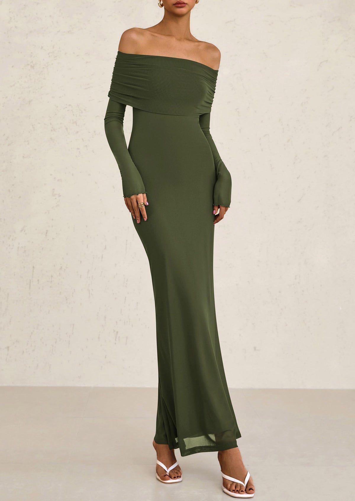 Off The Shoulder Bodycon Long Sleeve Mesh Maxi Dress