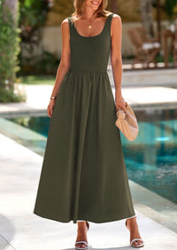 Casual Scoop Neck Sleeveless Patchwork A-line Swing Maxi Dresses with Pockets