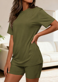 PRETTYGARDEN Women's Two Piece Matching Lounge Sets Summer Casual Tops Short Sleeve Shirts Shorts Travel Airport Outfits PRETTYGARDEN