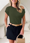 PRETTYGARDEN Womens Off The Shoulder Tops Summer Casual Short Sleeve Tunic T Shirts Lightweight Knit Sweaters