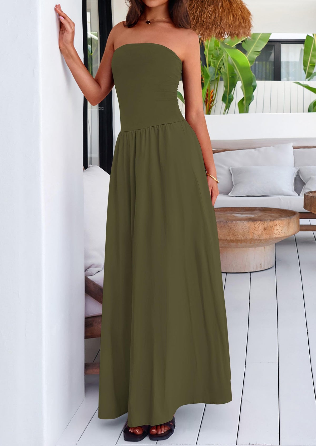 Strapless Patchwork Long Flowy Elegant Tube Top Maxi Dresses with Pockets