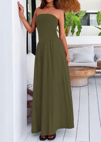 Strapless Patchwork Long Flowy Elegant Tube Top Maxi Dresses with Pockets