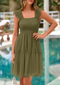 Casual Sleeveless Tulle Ruffle Square Neck Tiered Smocked Wedding Guest Mini Dresses