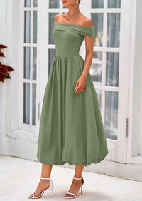 Off Shoulder Sleeveless A Line Midi Dress with Pockets