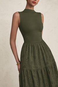 Casual Eyelet Sleeveless Maxi Dress with Pockets