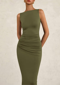Sleeveless Ruched Bodycon Slit Long Maxi Dresses