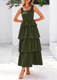 Sleeveless Scoop Neck Smocked A Line Tiered Beach Midi Dress