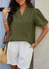 PRETTYGARDEN Womens Casual Summer Tops V Neck Short Puff Sleeve Pleated Cotton T Shirts Loose Dressy Blouses