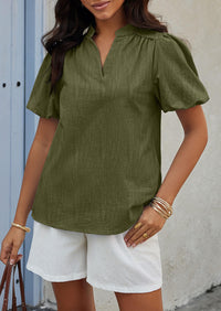 Casual V Neck Short Puff Sleeve Pleated Cotton Loose Blouses