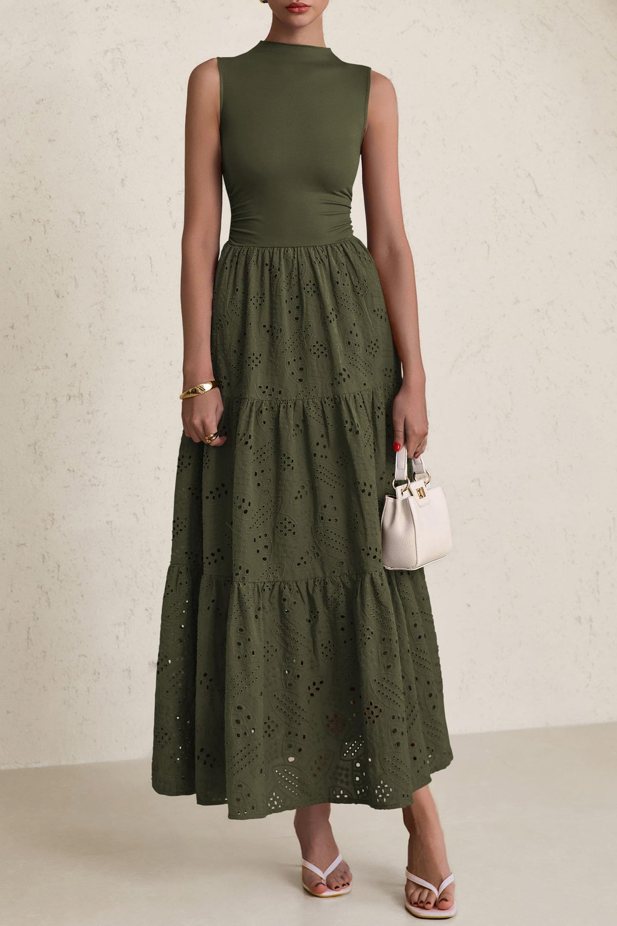 Casual Eyelet Sleeveless Maxi Dress with Pockets