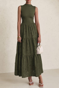 Casual Eyelet Sleeveless Maxi Dress with Pockets
